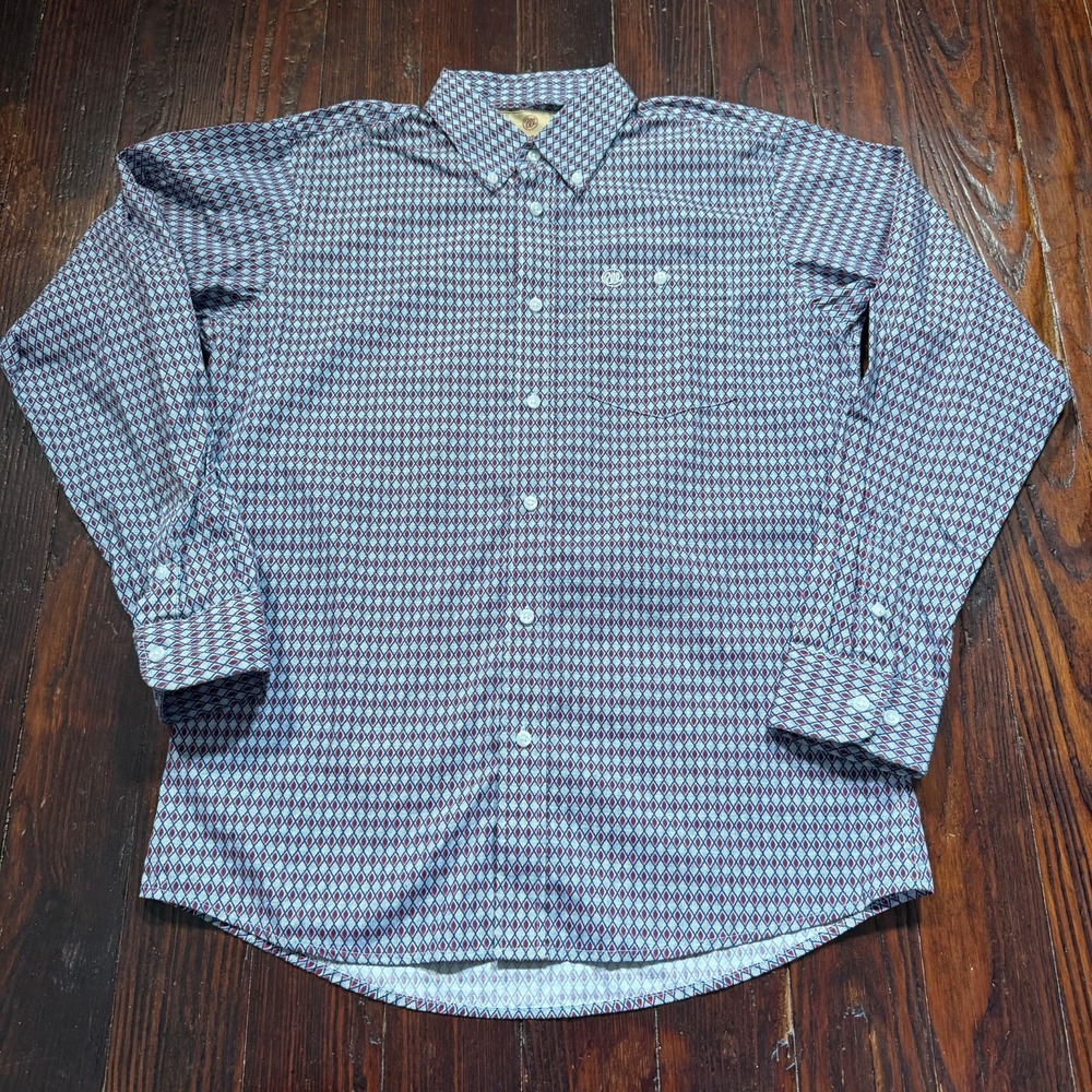 Wrangler Shirt Mens XL‎ Blue Red Diamond Geometric Buttons Western Cowboy Rodeo